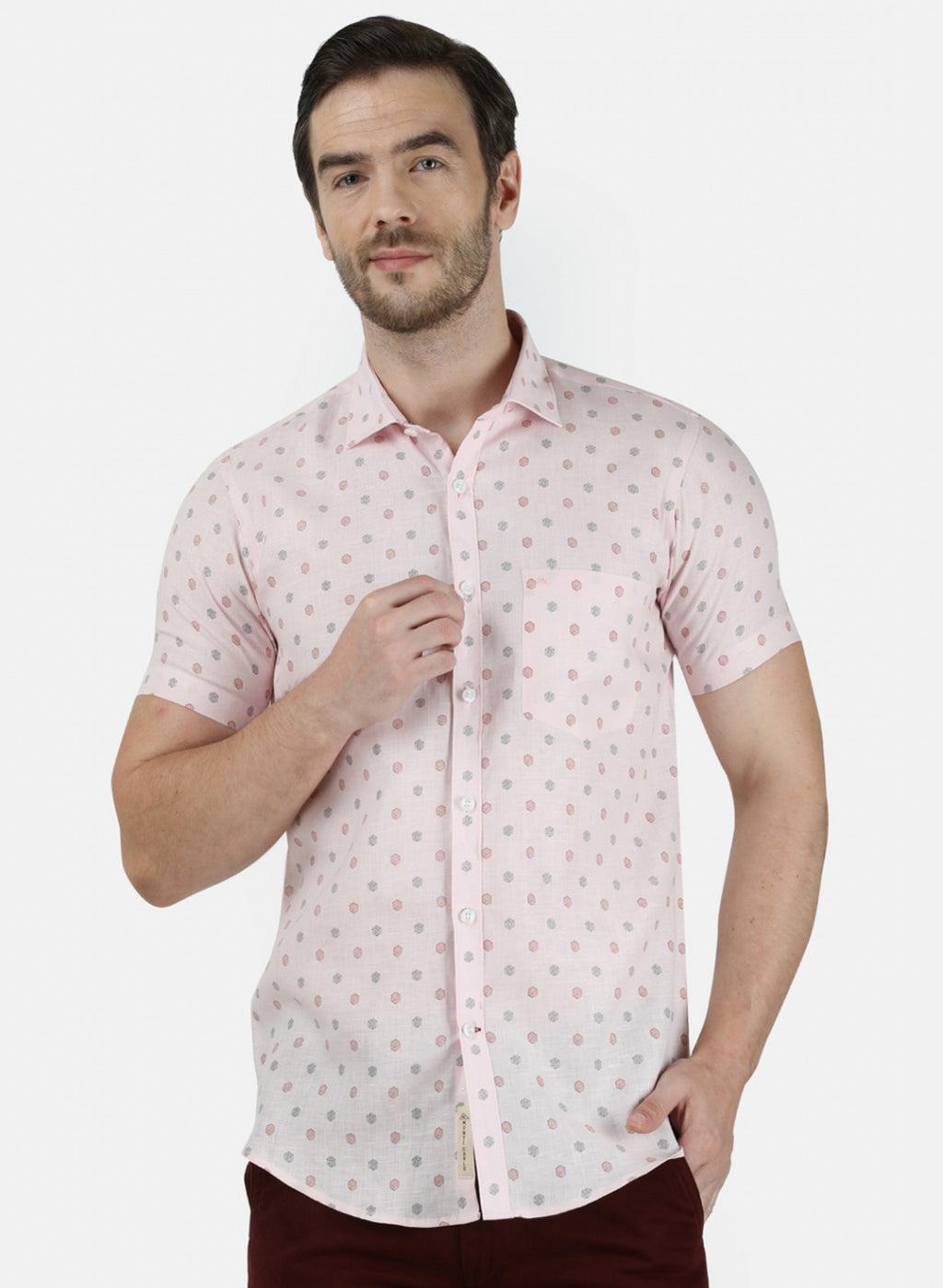 Mens Peach Printed Linen Shirt