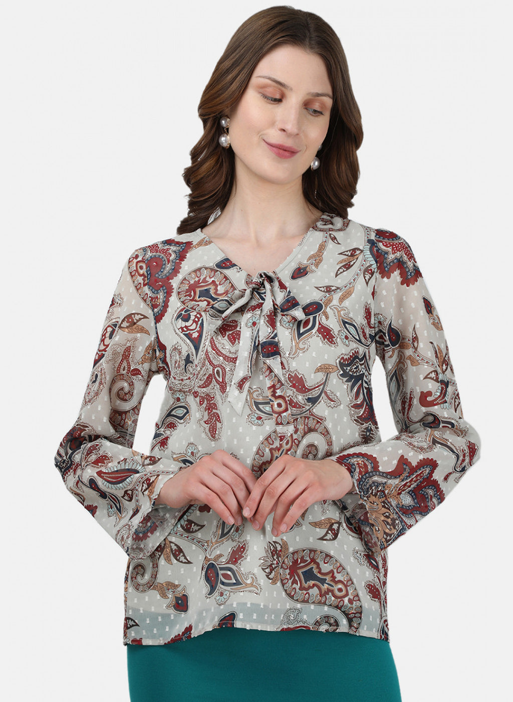 Womens Cream & Maroon Printed Top