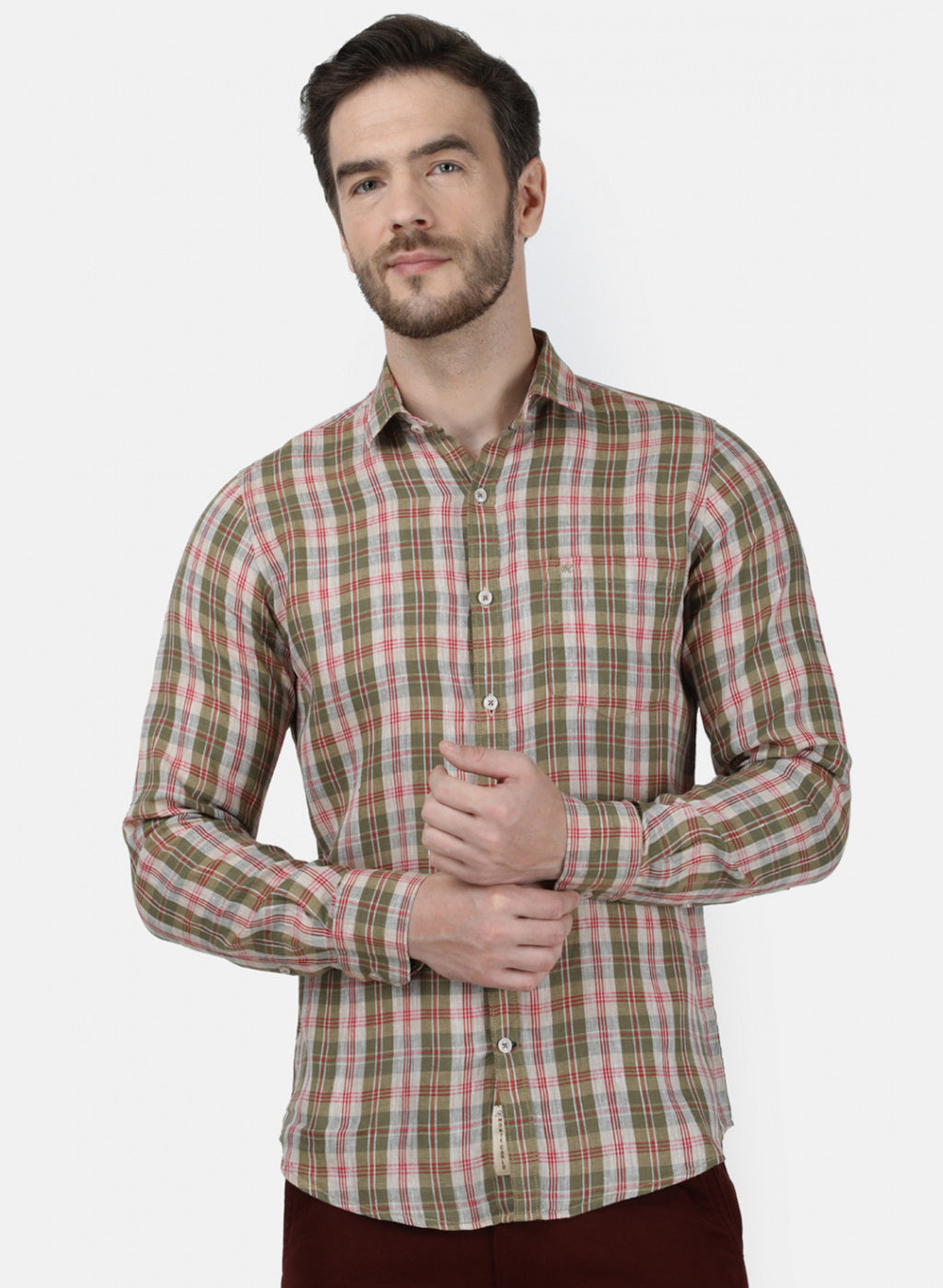 Mens Olive Check Linen Shirt