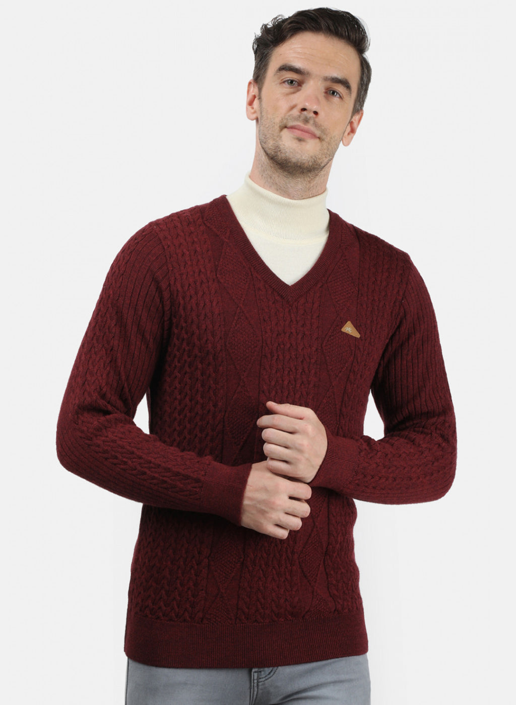 Men Maroon Self Design Pullover