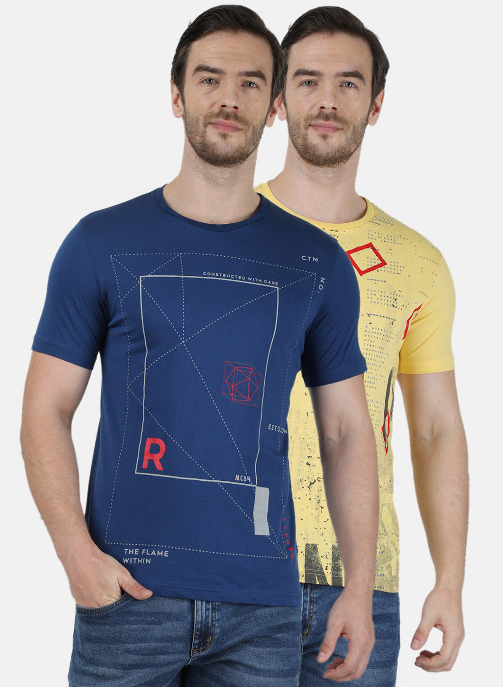 Mens Blue & Yellow Printed T-Shirt