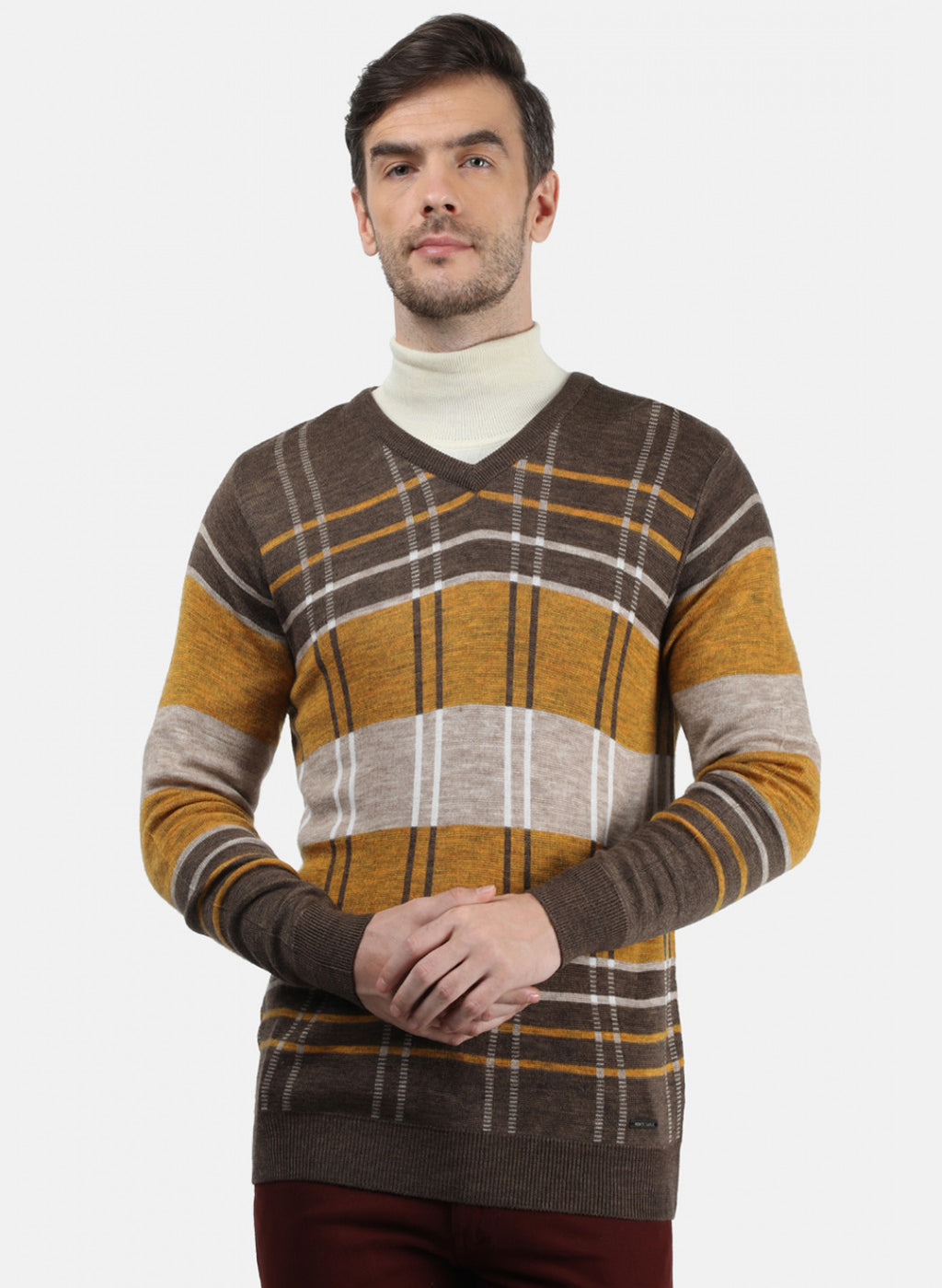 Men Brown & Mustard Solid Pullover