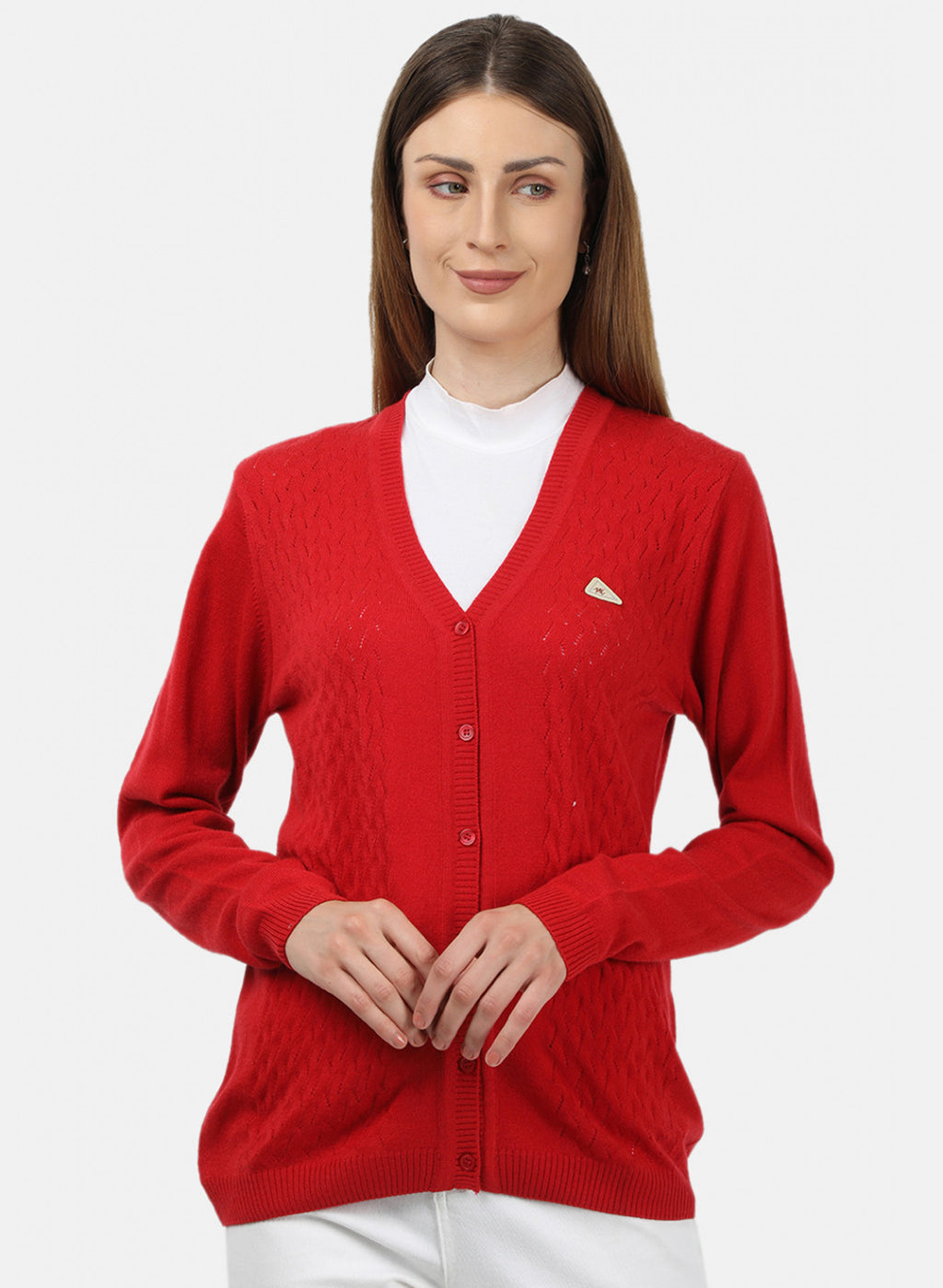 Women Red Self Design Cardigan