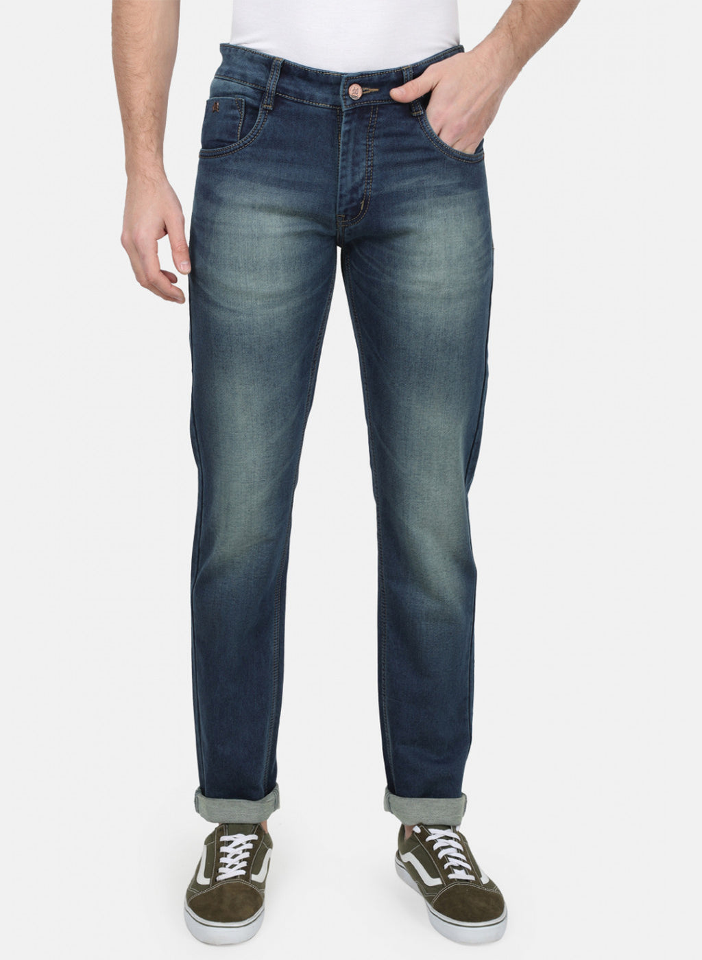 Mens Blue & Green Normal Wash Denims