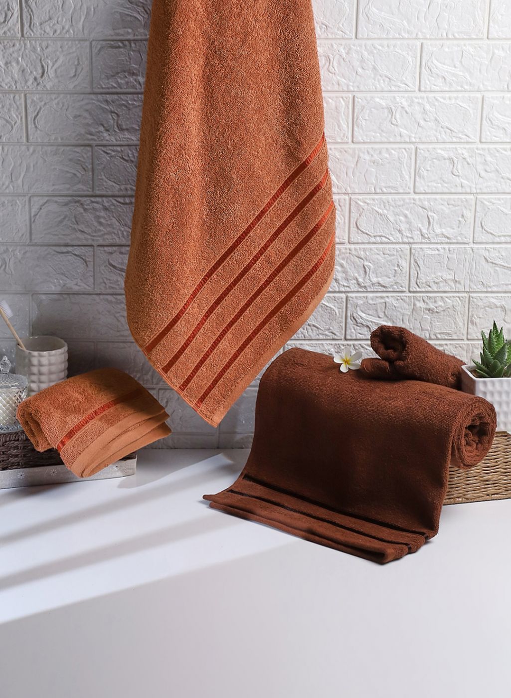 Brown & Peach Cotton 525 GSM Towel Set Pack of 4 (2 Bath & 2 Hand Towels)