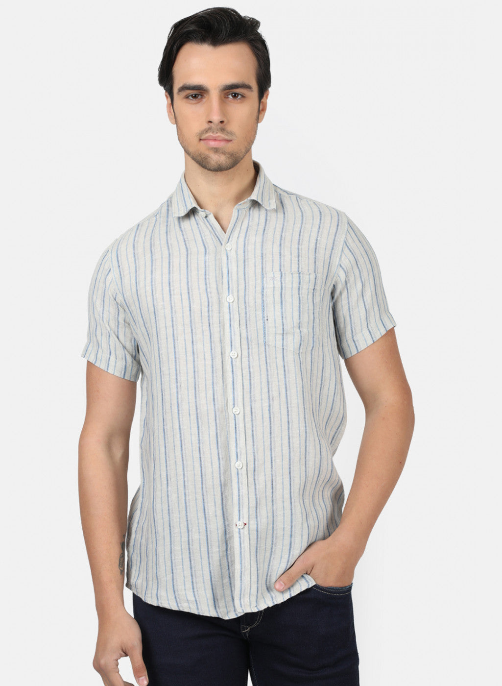 Men Off White Stripe Linen Shirt