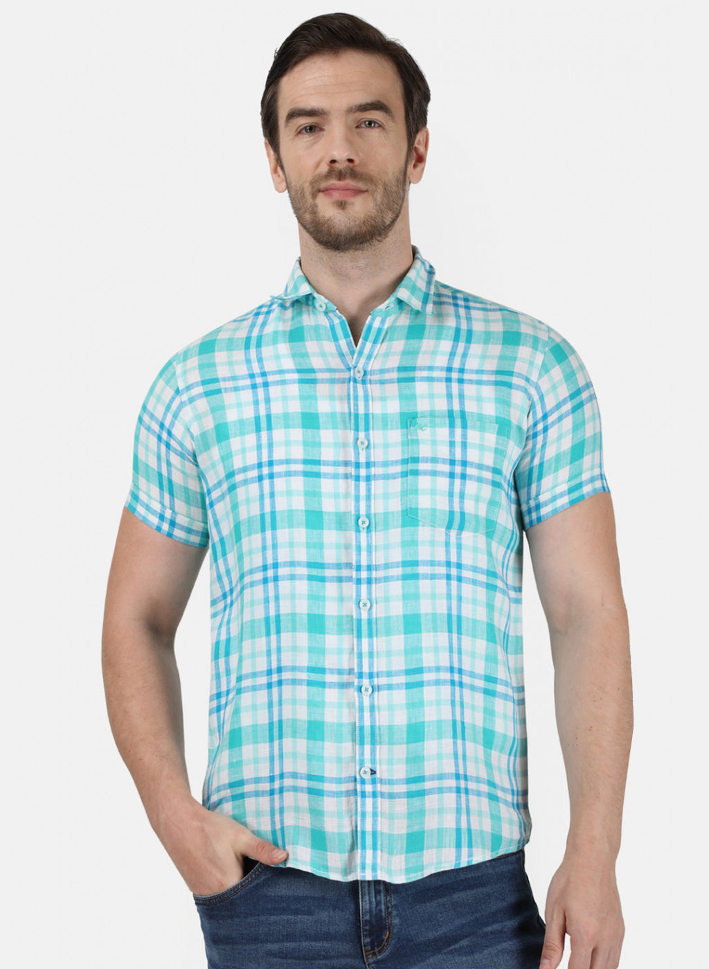 Mens Blue Check Linen Shirt