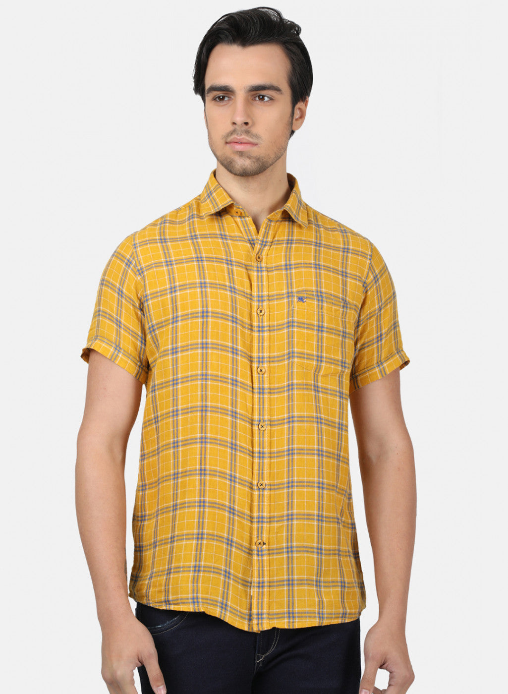 Men Mustard Check Linen Shirt