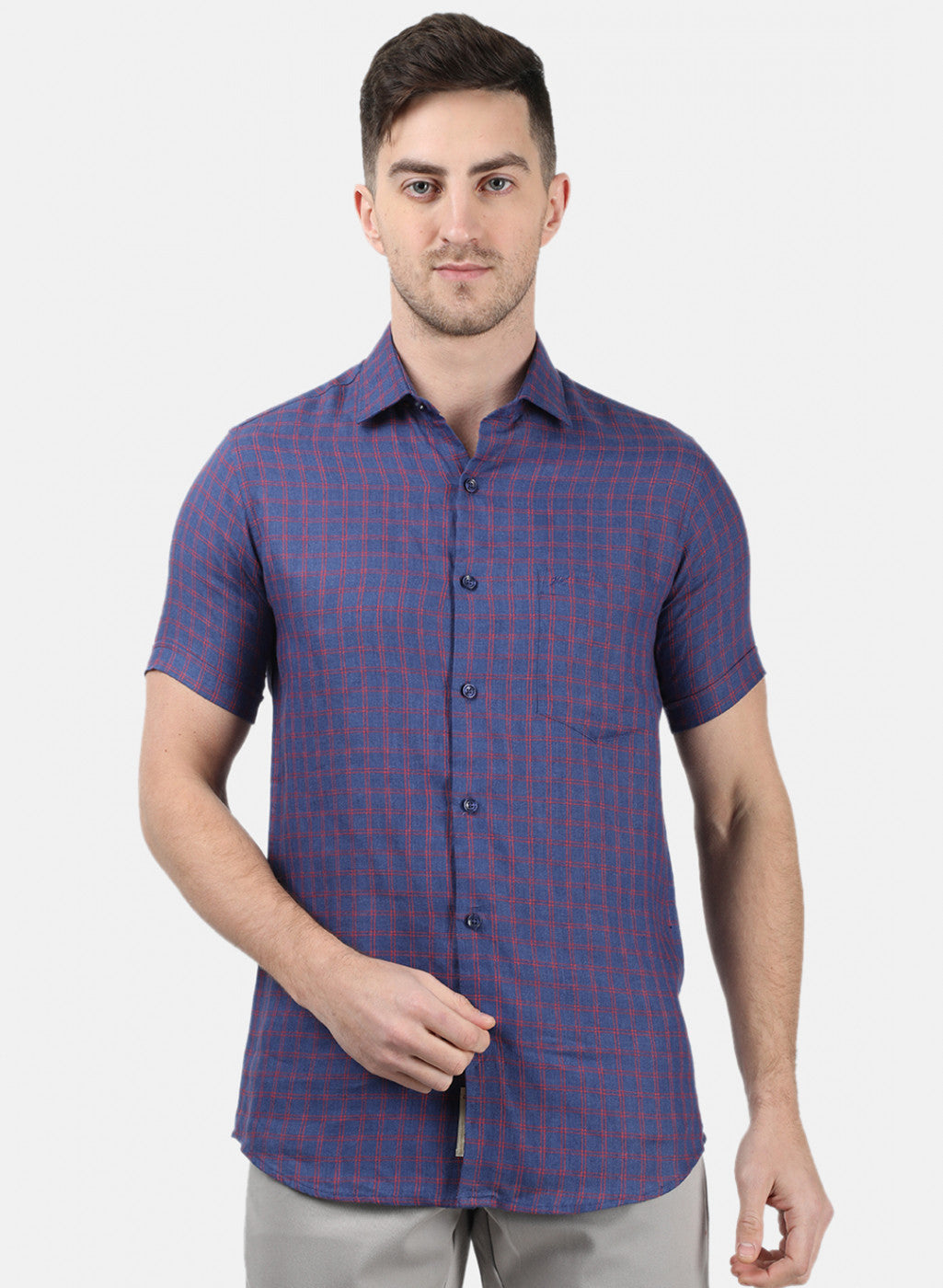 Men Blue Check Linen Shirt