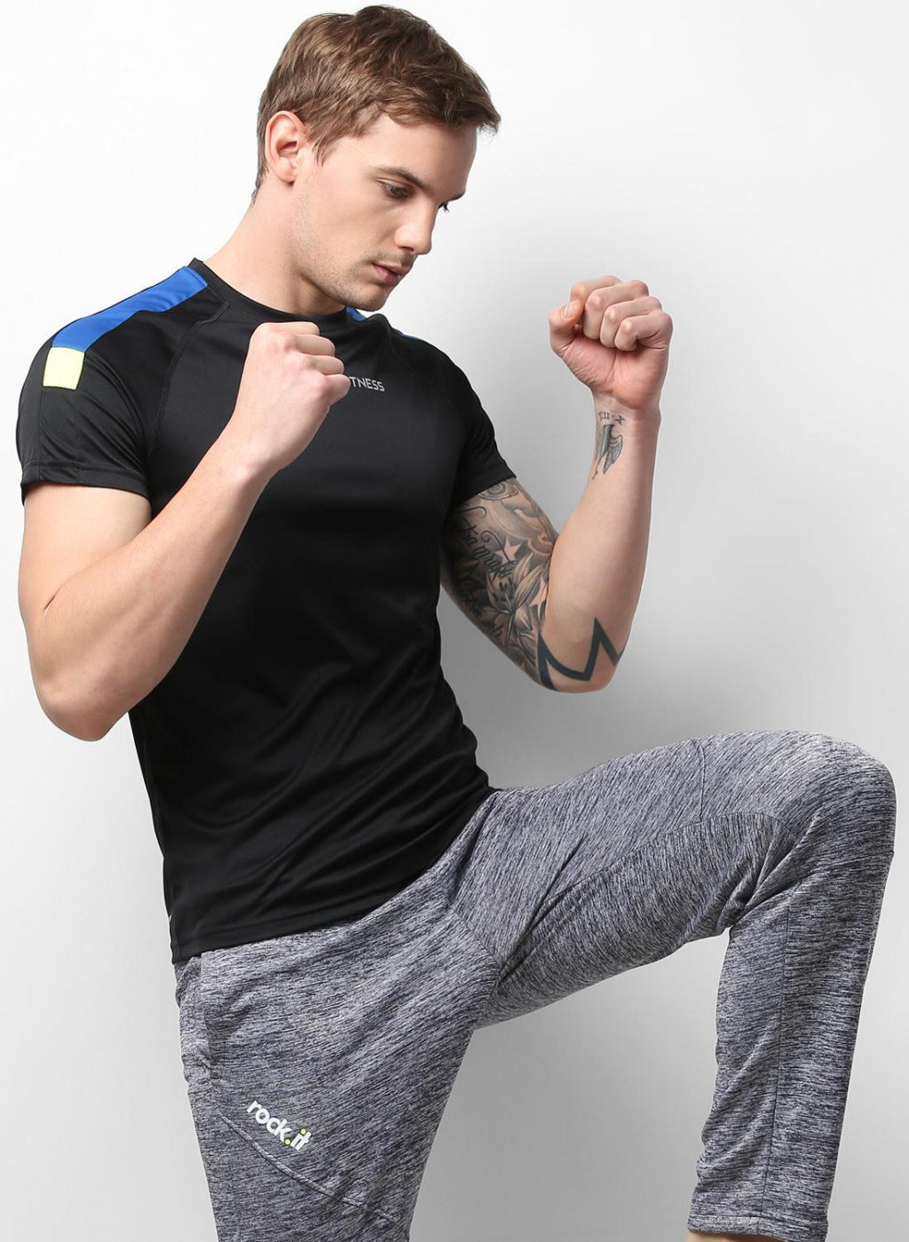 Rock.it Black Blue Round Neck Smart Fit T-Shirt