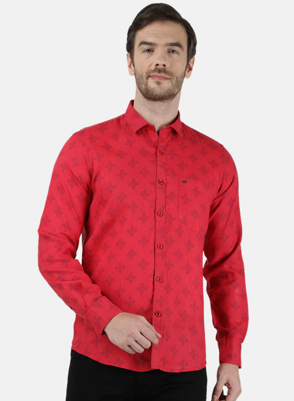 Mens Maroon Printed Linen Shirt
