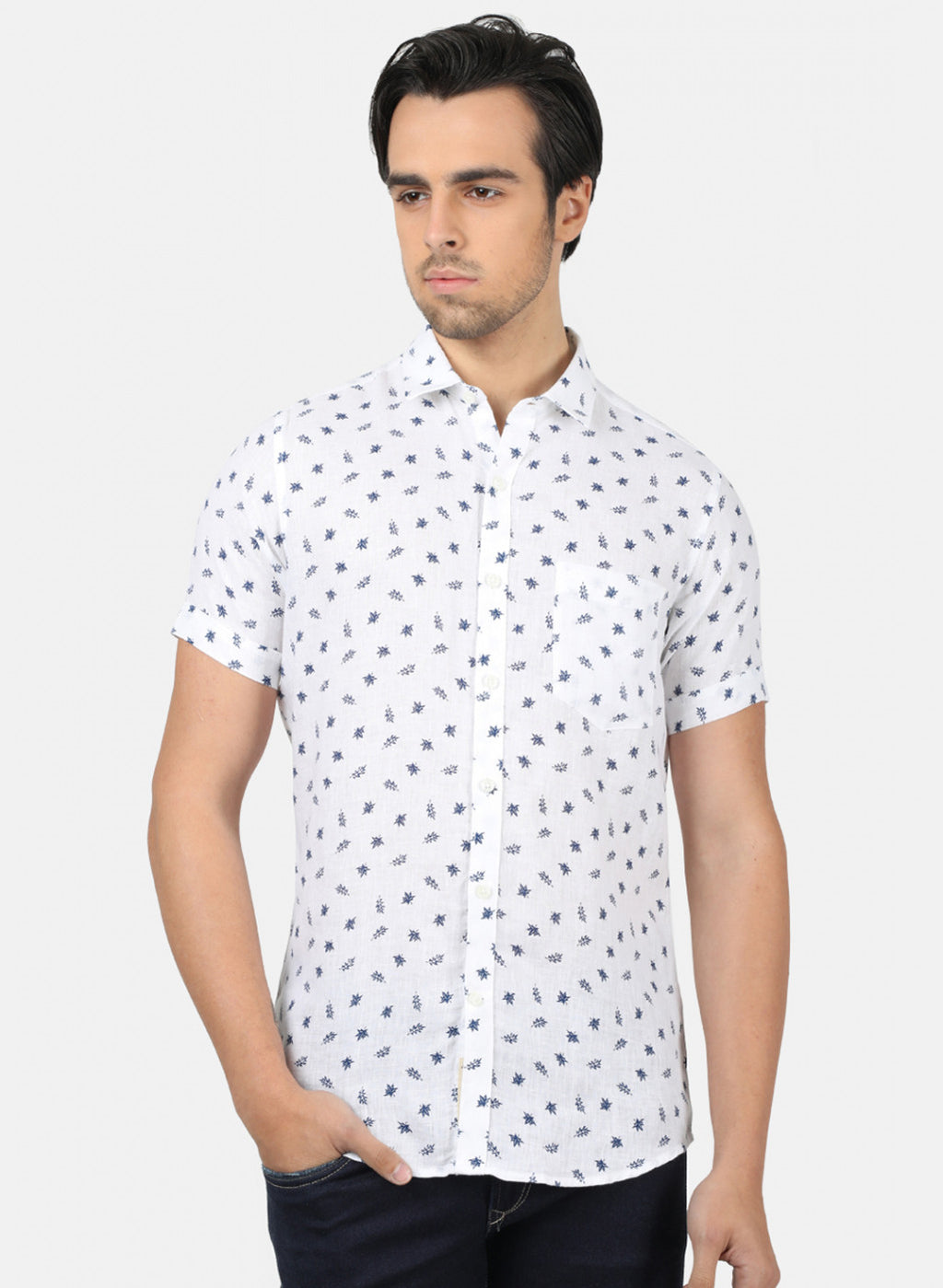 Men White Printed Linen Shirt