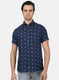 Men NAvy Blue Printed Linen Shirt