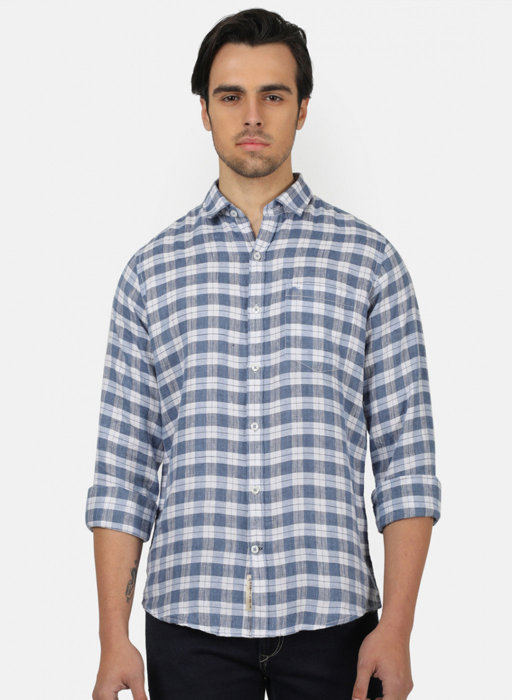 Men Blue Check Linen Shirt
