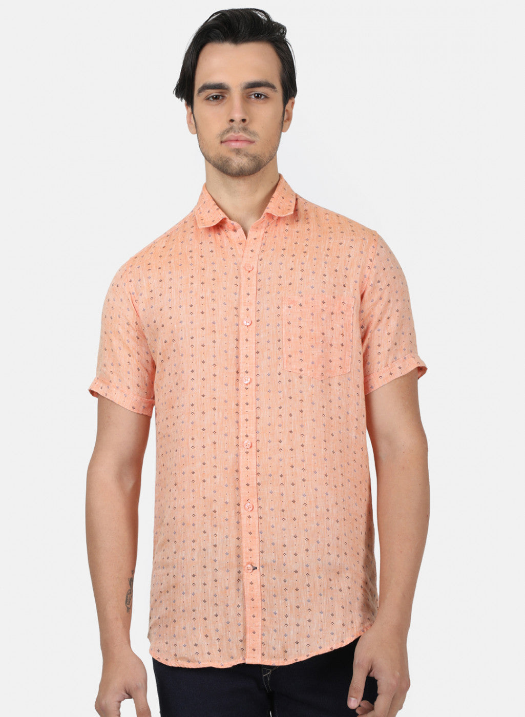 Men Light Orange Printed Linen Shirt