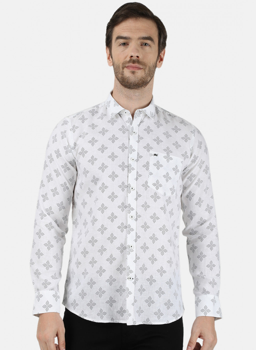 Mens White Printed Linen Shirt