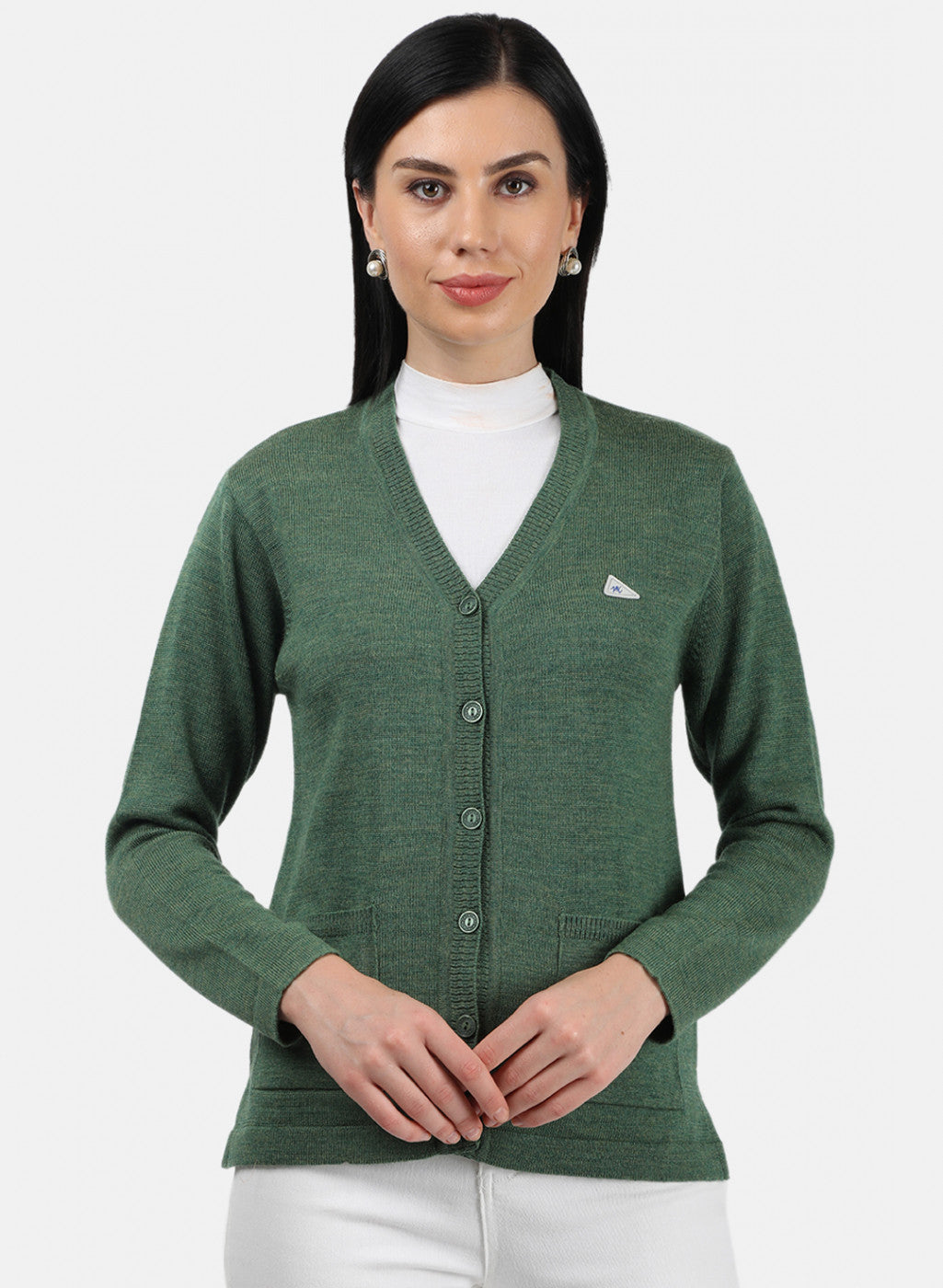 Women Green Melange Solid Cardigan