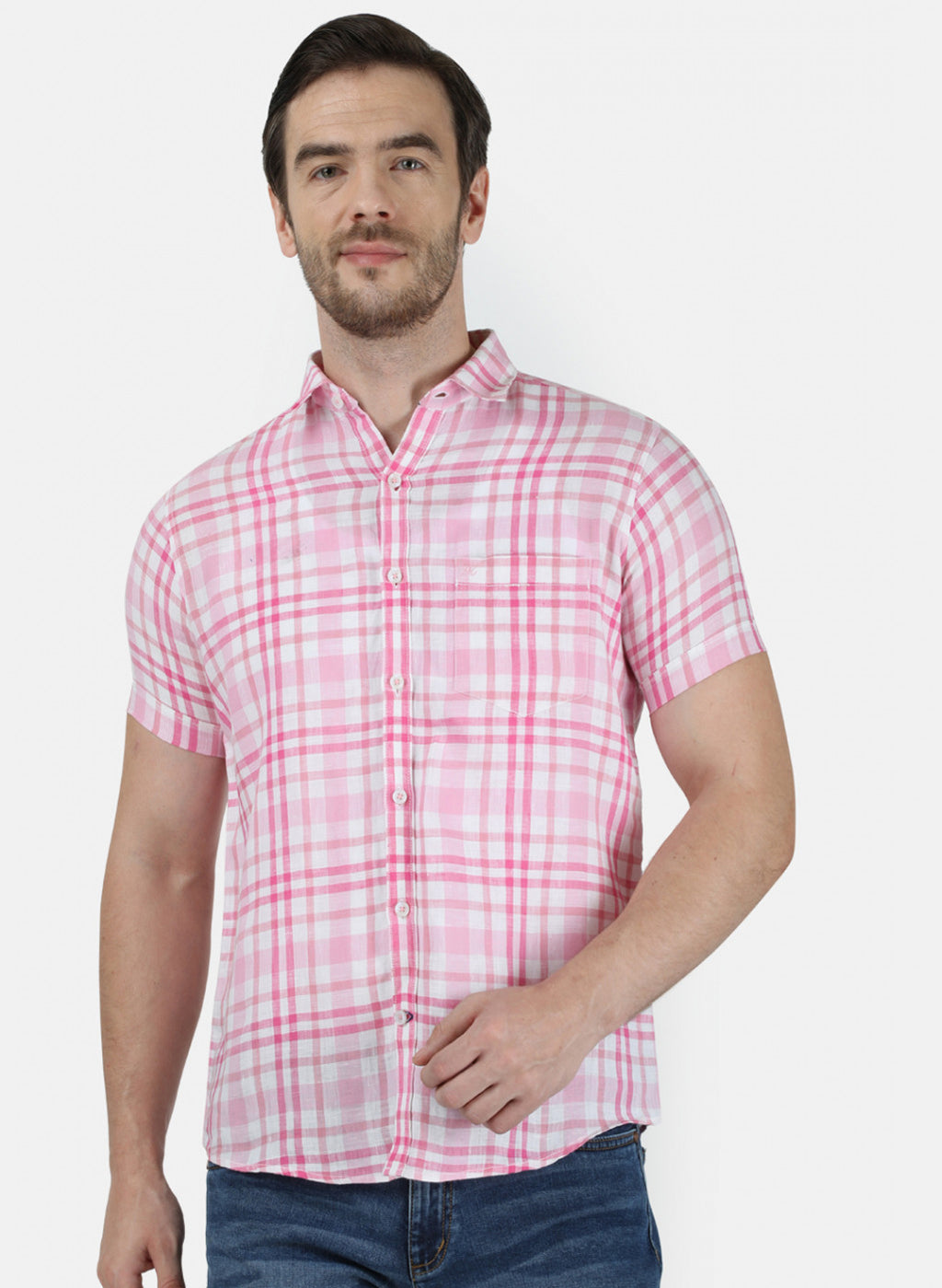Mens Pink Check Linen Shirt