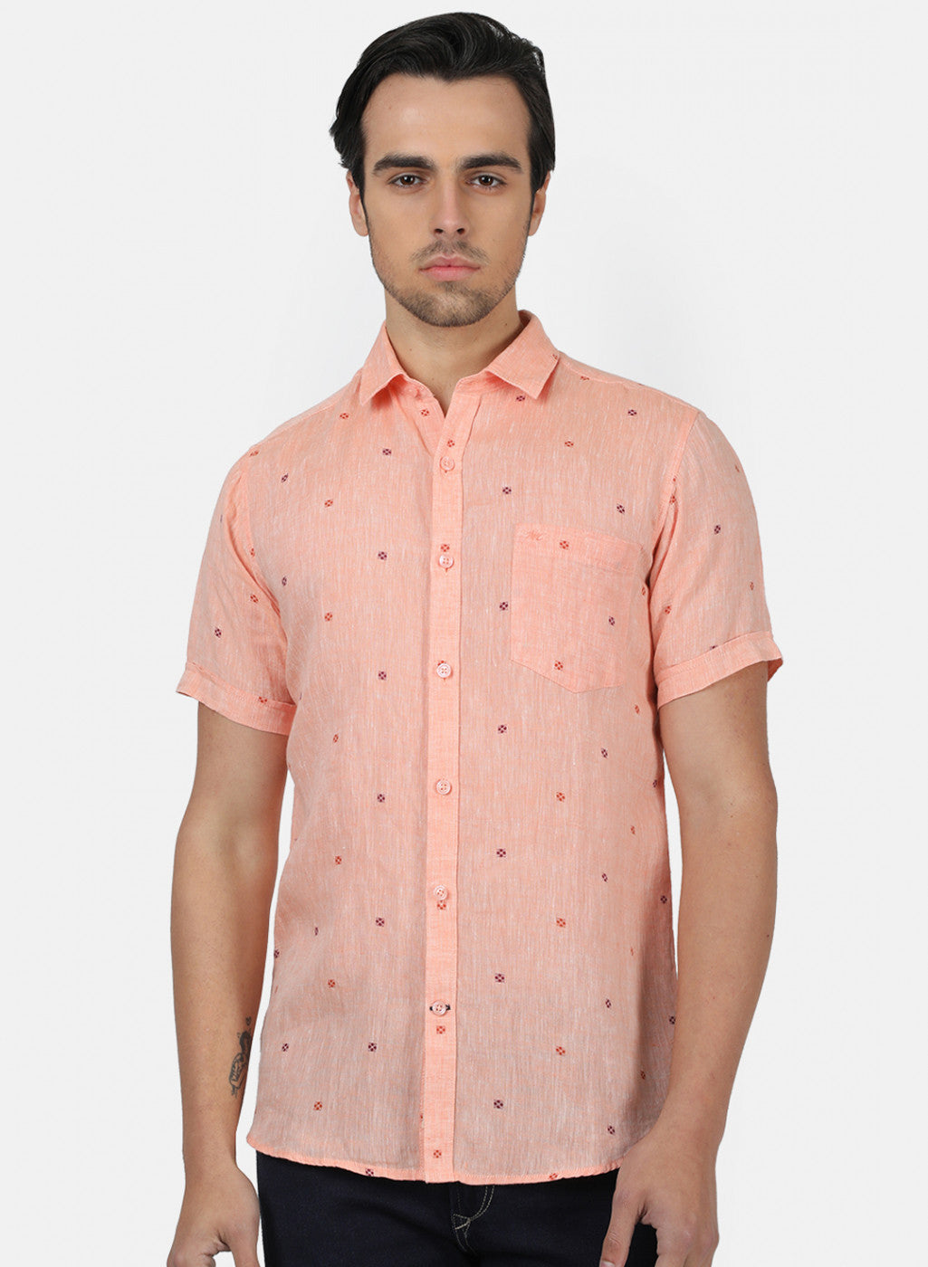 Men Peach Printed Linen Shirt