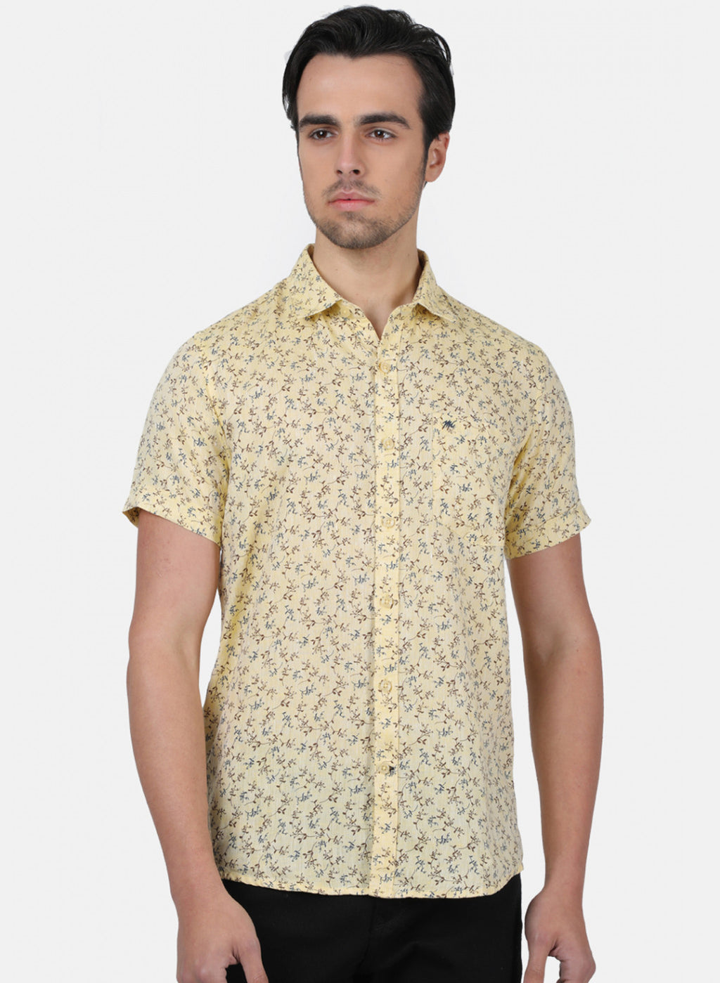 Men Mustard Printed Linen Shirt