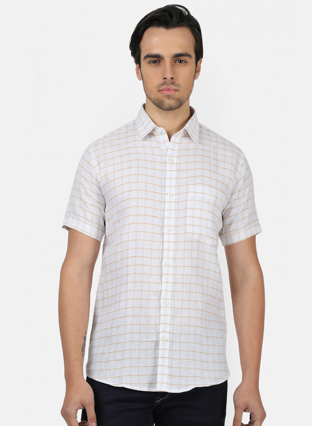 Men White Check Linen Shirt