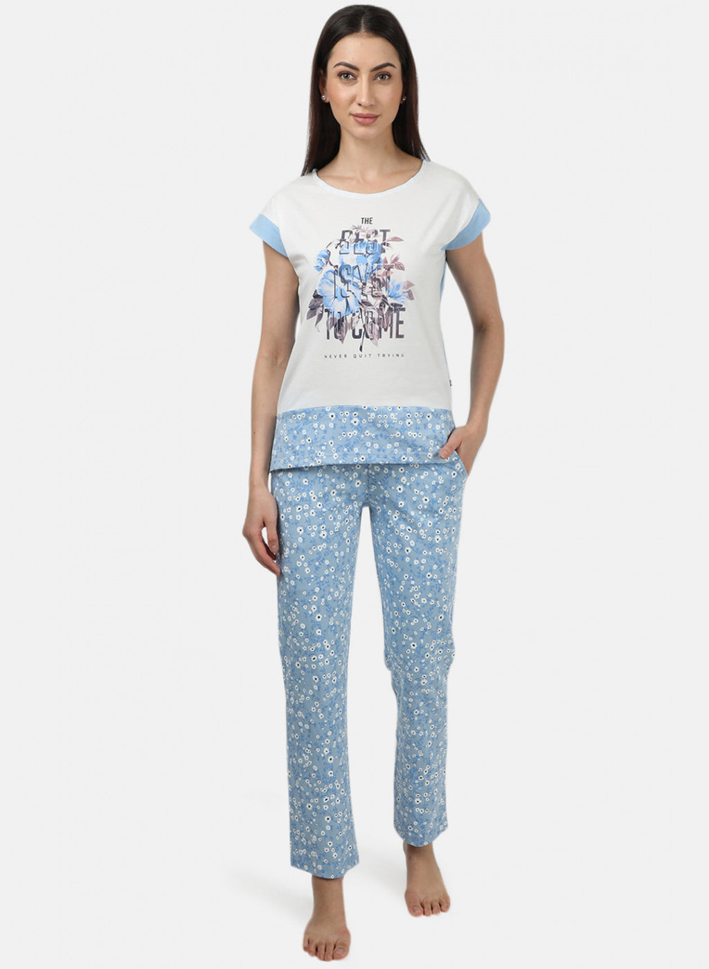 Womens Off White & Blue Printed Lower Sets