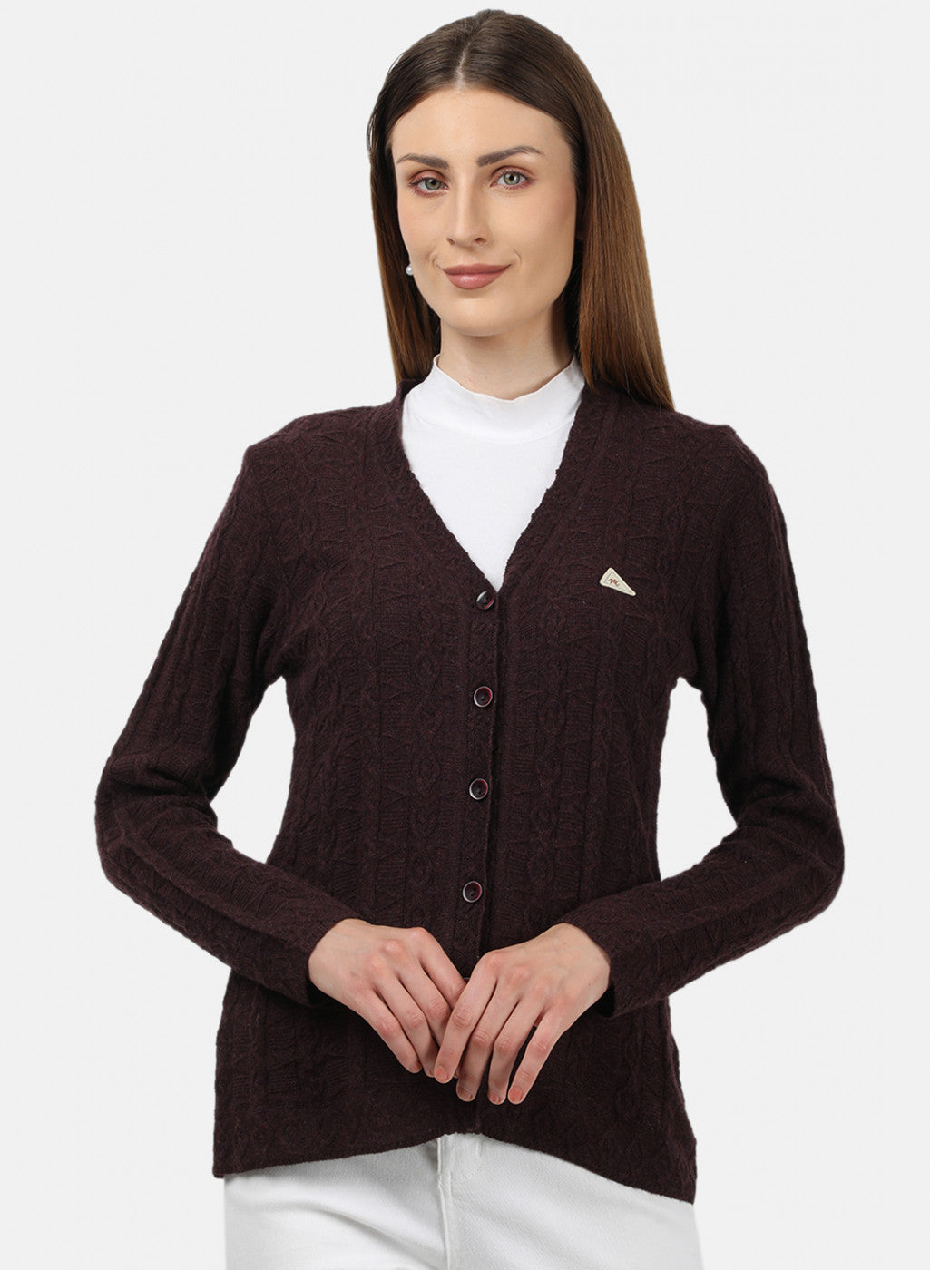 Women Purple Self Design Cardigan