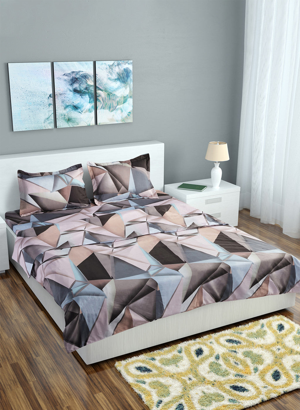 Multi Color 130 GSM Bedsheet with 2 Pillow Covers + 1 Duvet