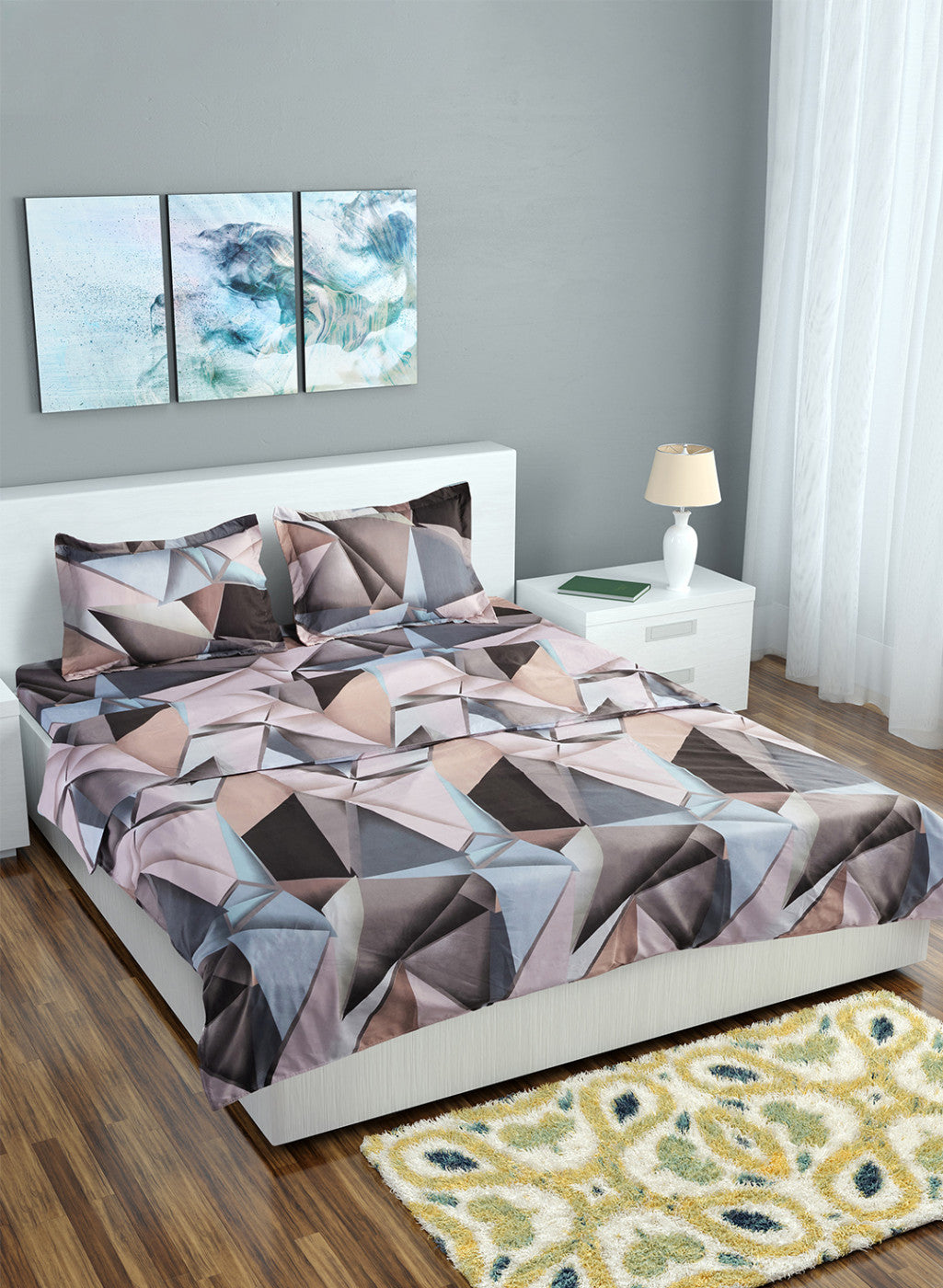 Multi Color 130 GSM Bedsheet with 2 Pillow Covers + 1 Duvet