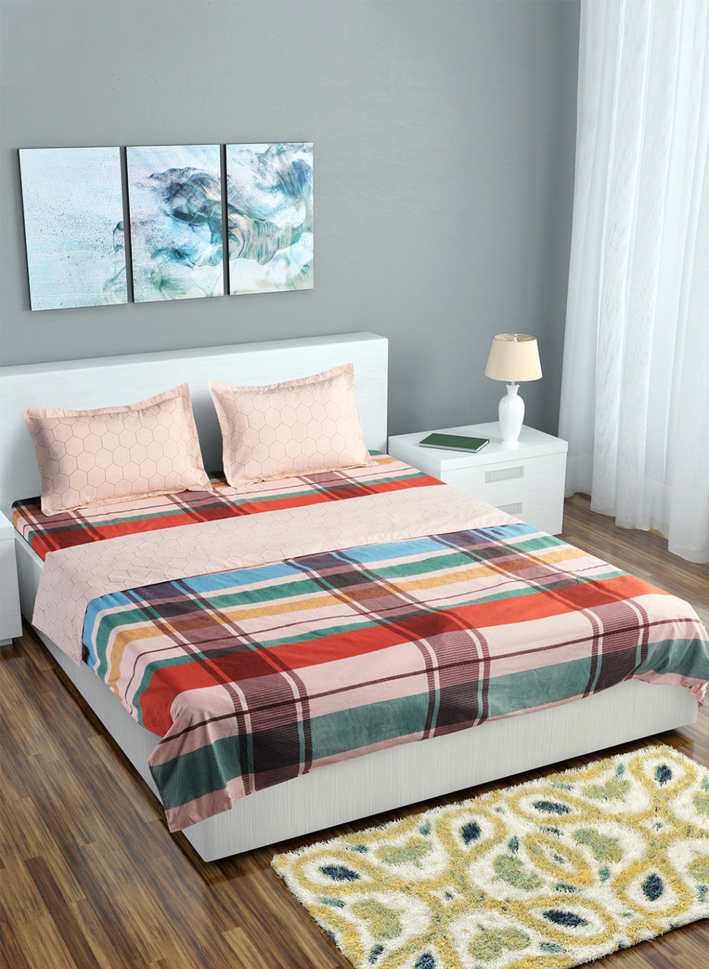 Multi Color 130 GSM Bedsheet with 2 Pillow Covers + 1 Duvet