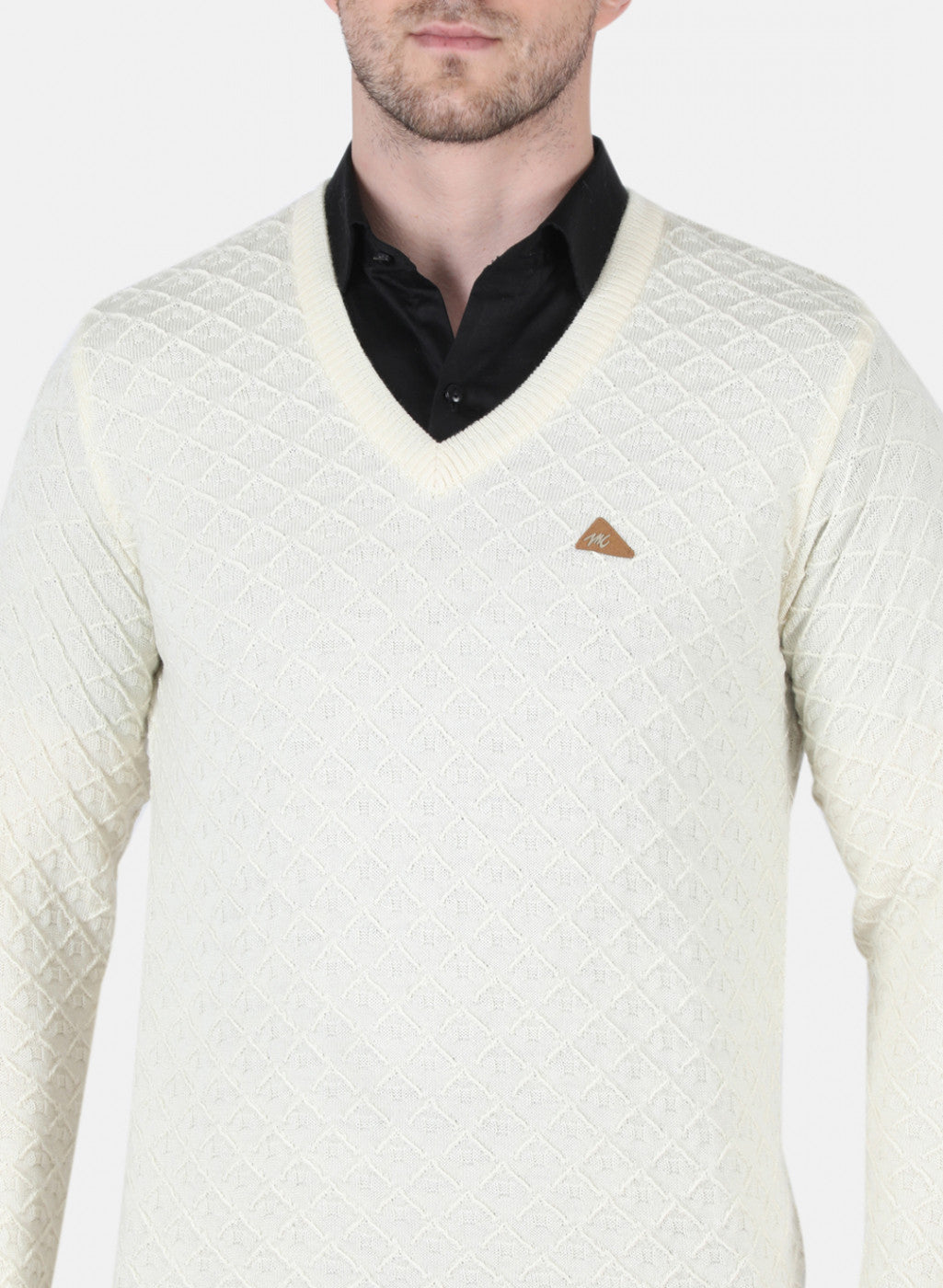 Men Cream Self Design Pullover