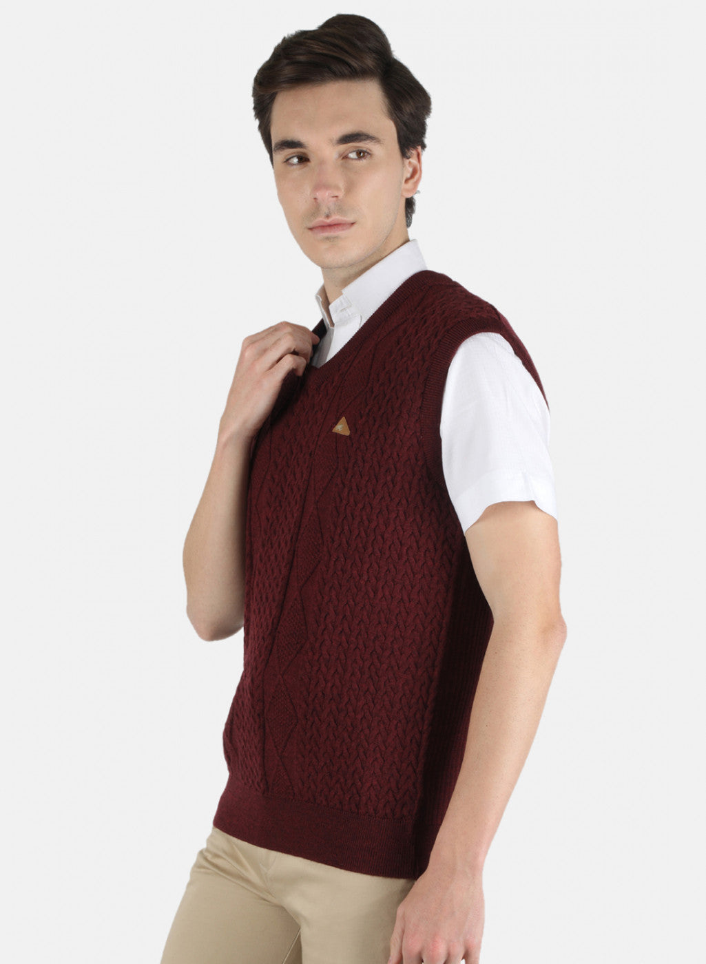 Men Maroon Self Design Sweater