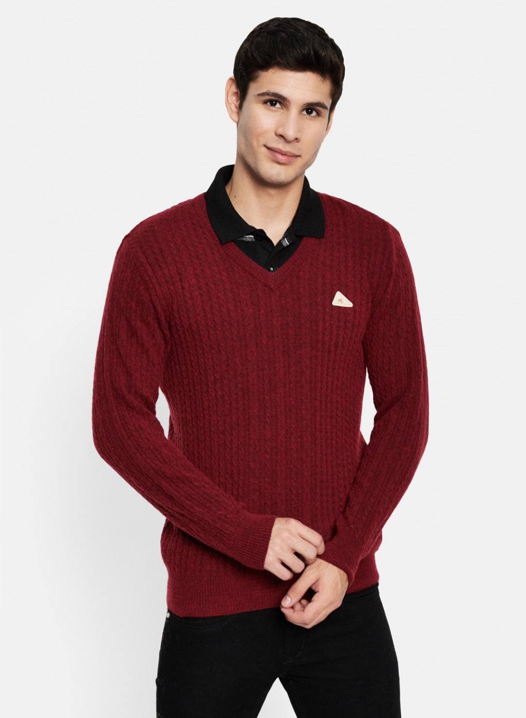 Men Maroon Self Design Pullover