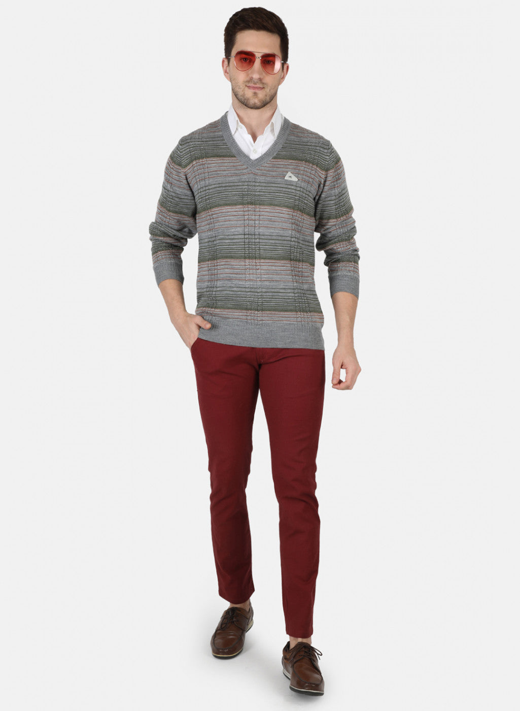 Men Light Grey Self Design Pullover