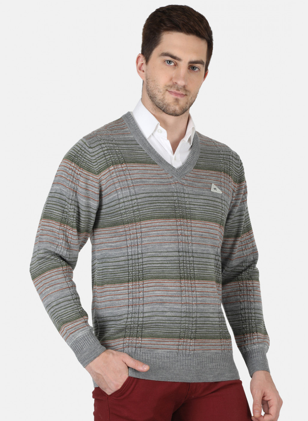 Men Light Grey Self Design Pullover