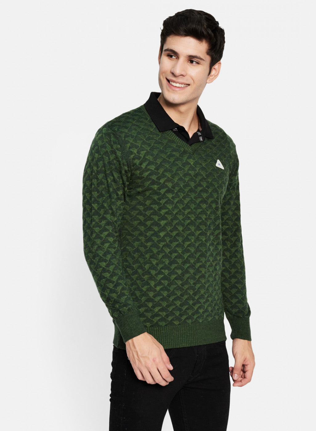 Men Green & Black Solid Pullover