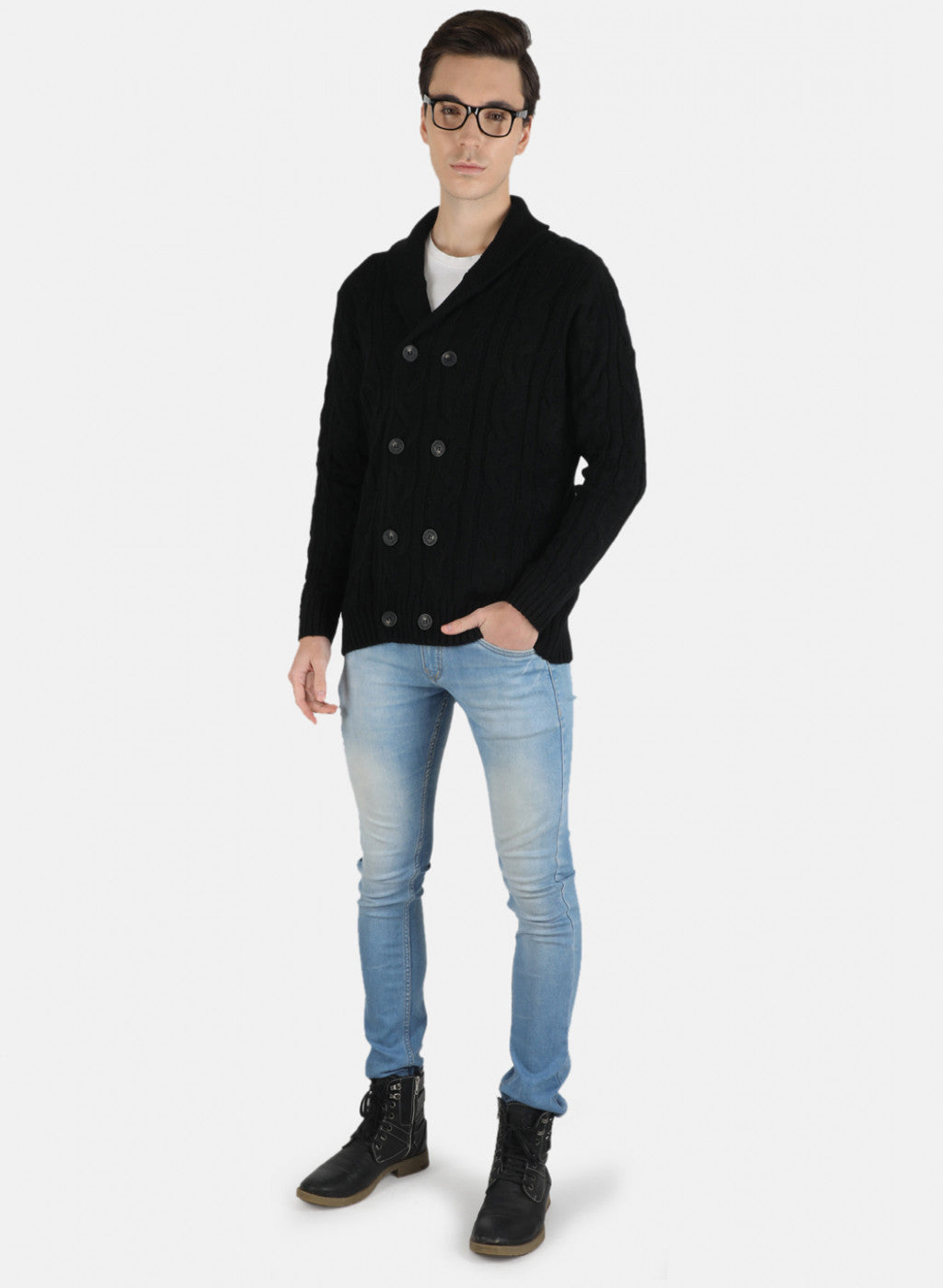 Men Black Self Design Cardigan