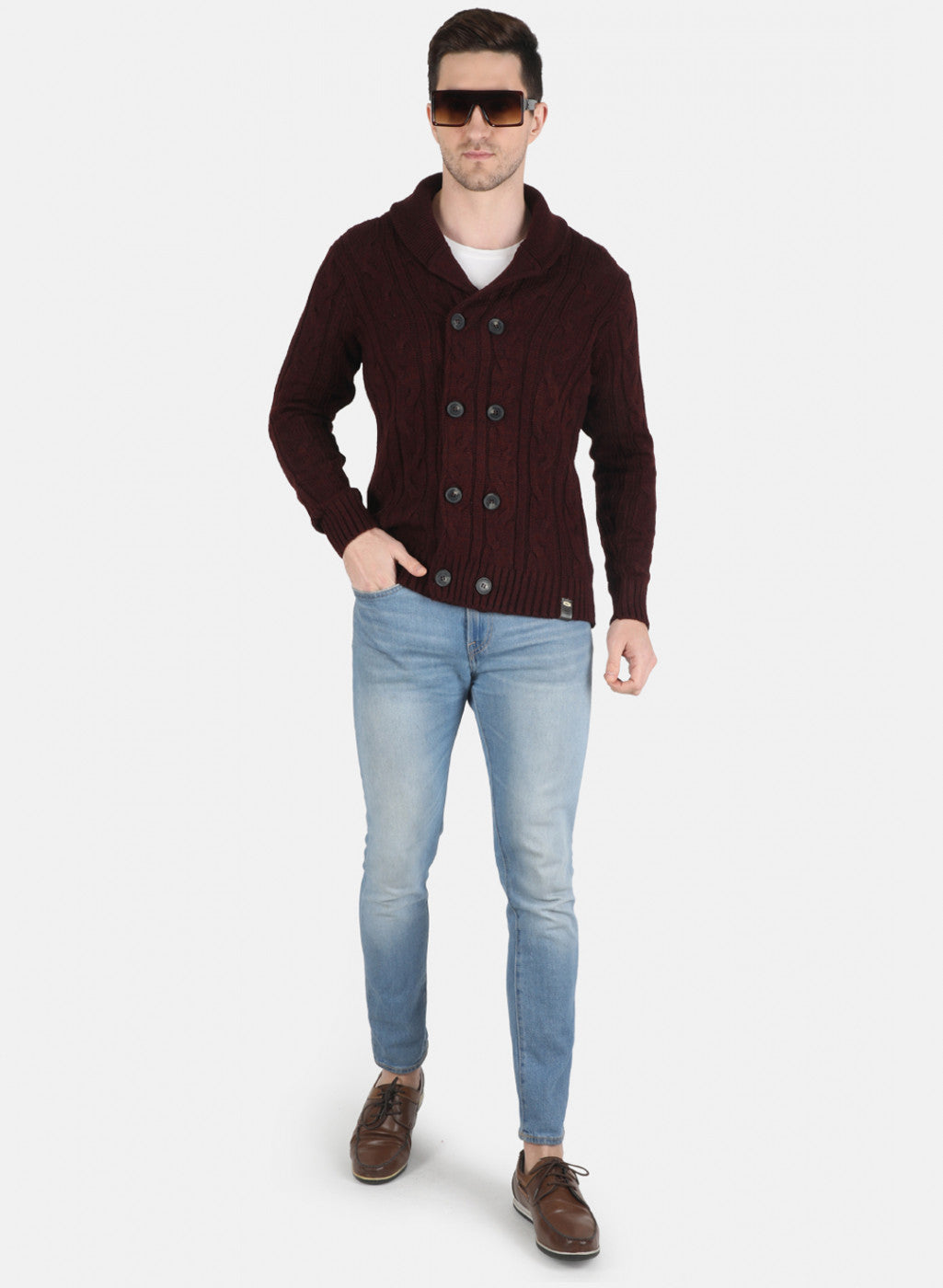 Men Maroon Self Design Cardigan