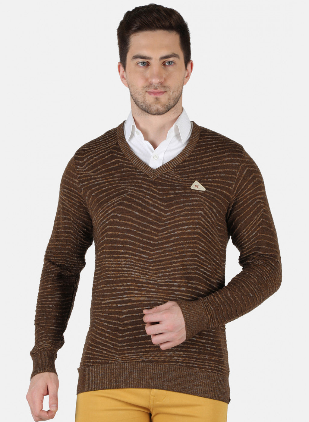 Men Brown Self Design Pullover