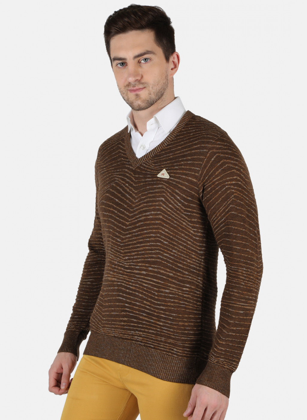 Men Brown Self Design Pullover