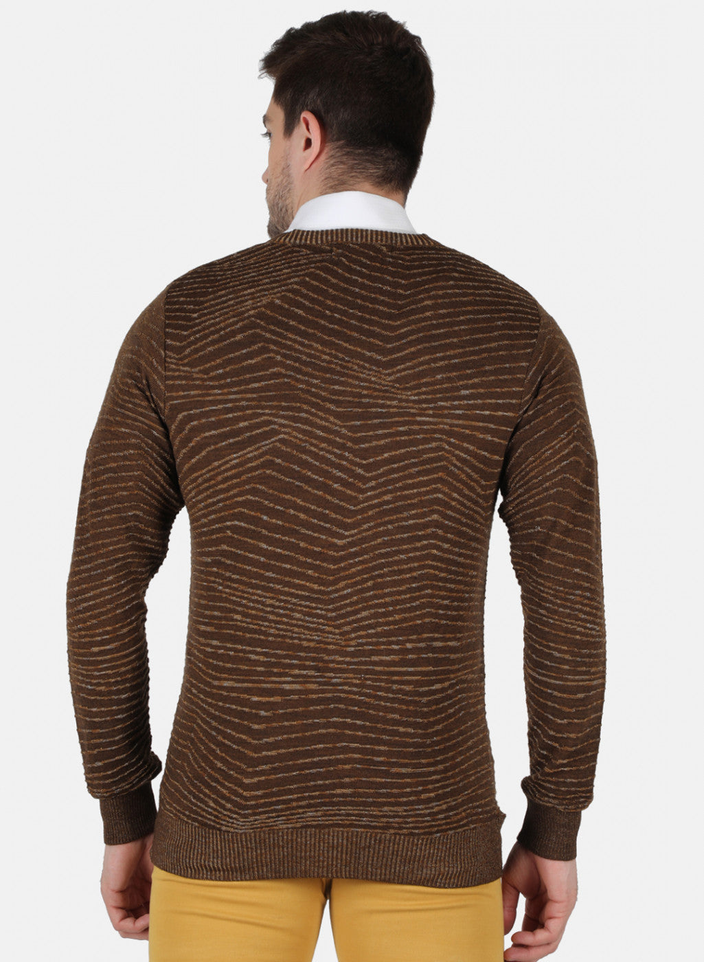 Men Brown Self Design Pullover