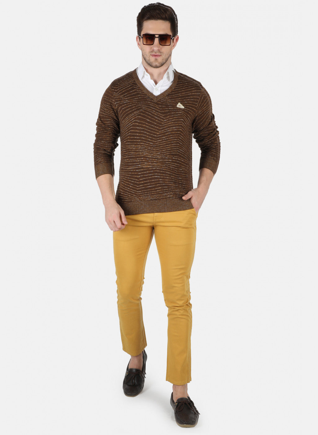 Men Brown Self Design Pullover