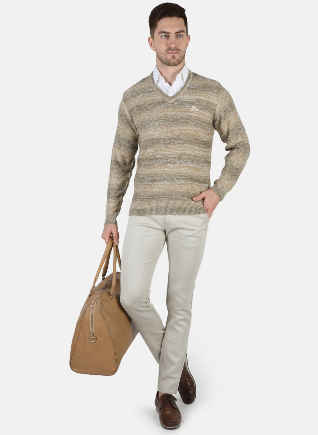Men Beige Self Design Pullover