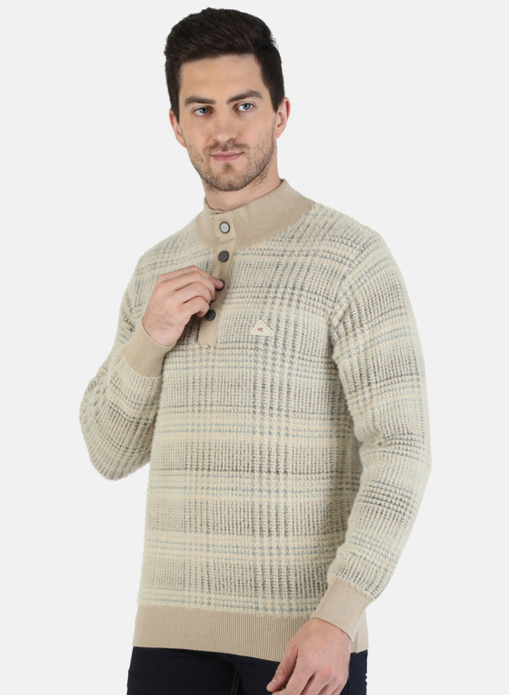 Men Beige Self Design Pullover