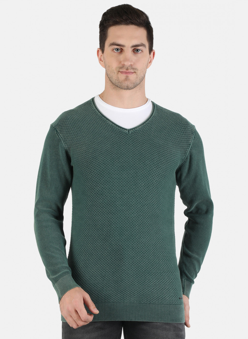 Men Green Self Pullover