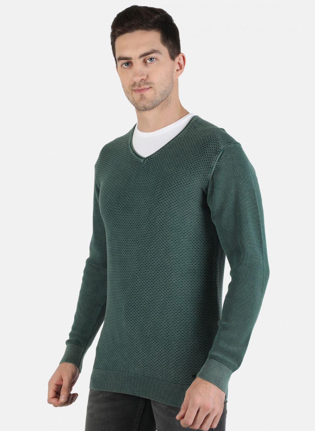 Men Green Self Pullover