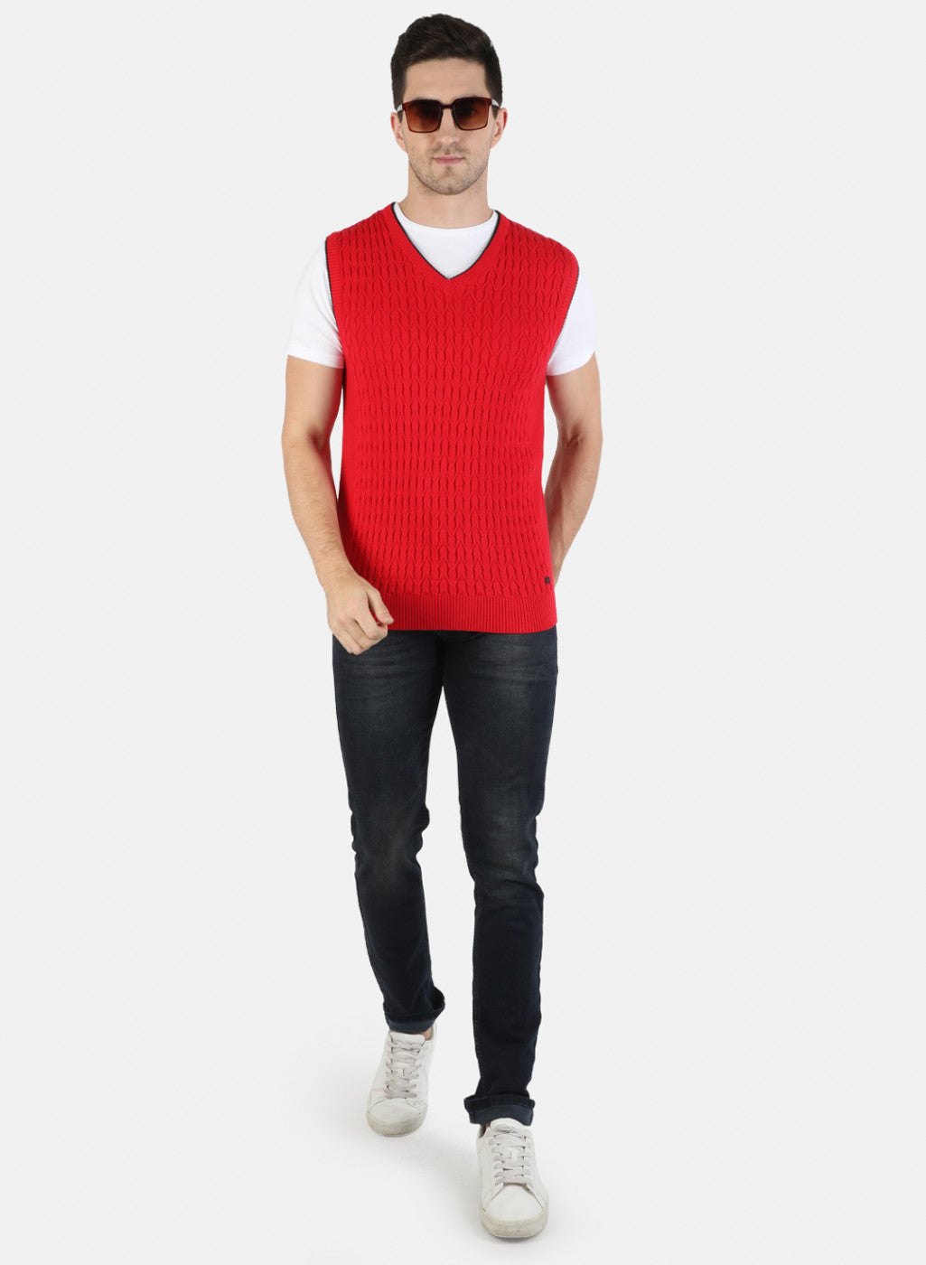 Men Red Self Sweater