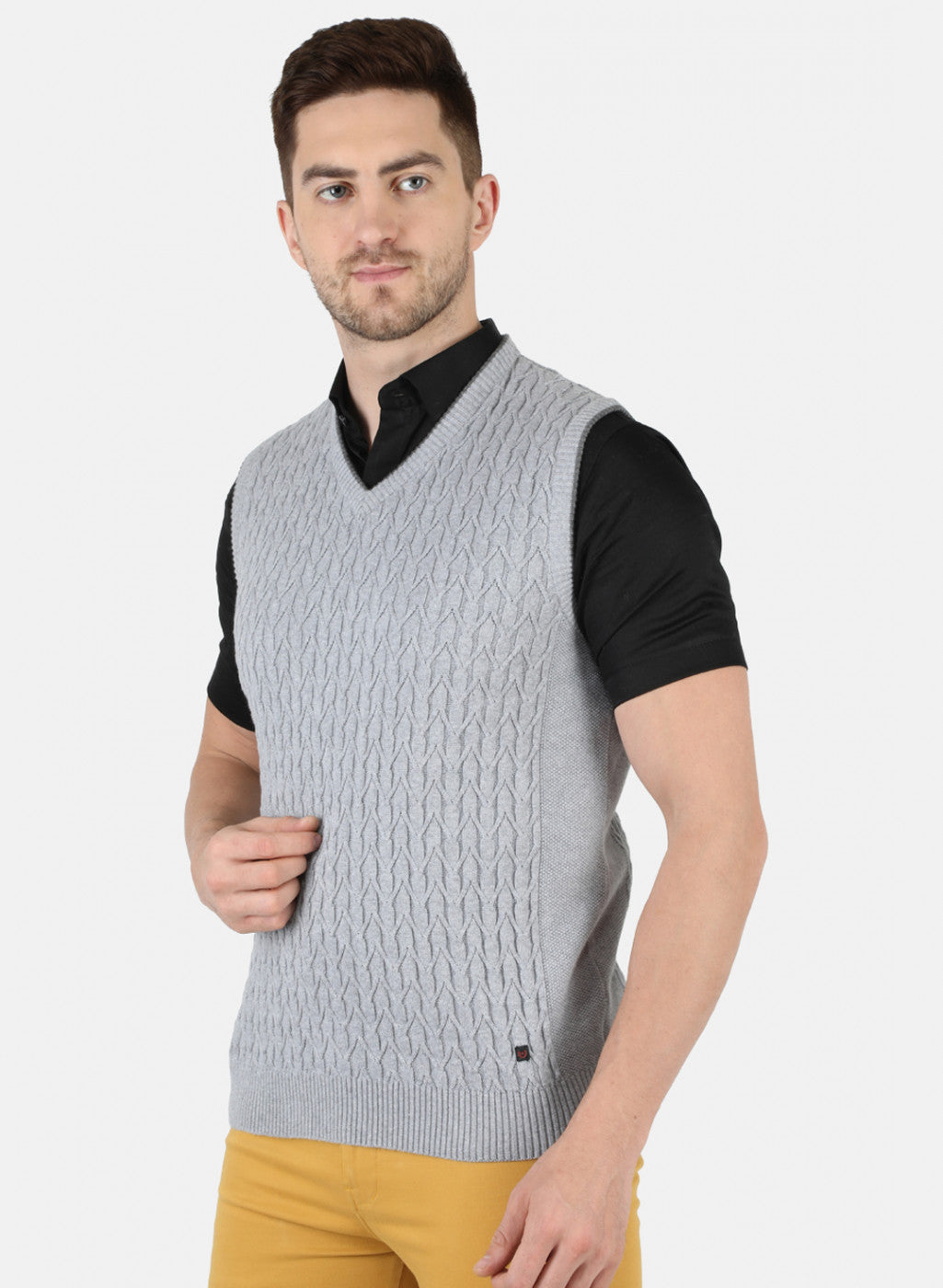 Men Grey Self Design Sweater