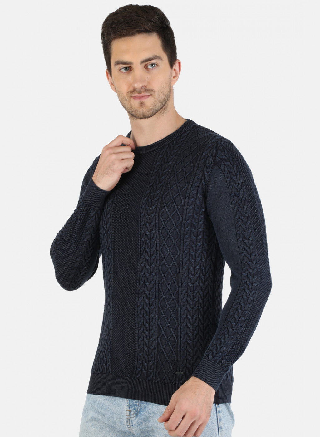Men NAvy Blue Self Design Pullover