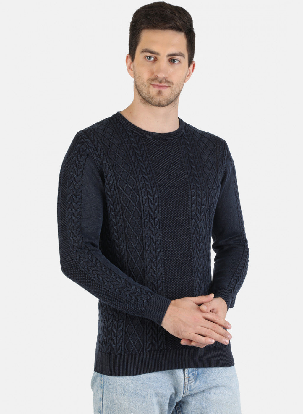 Men NAvy Blue Self Design Pullover